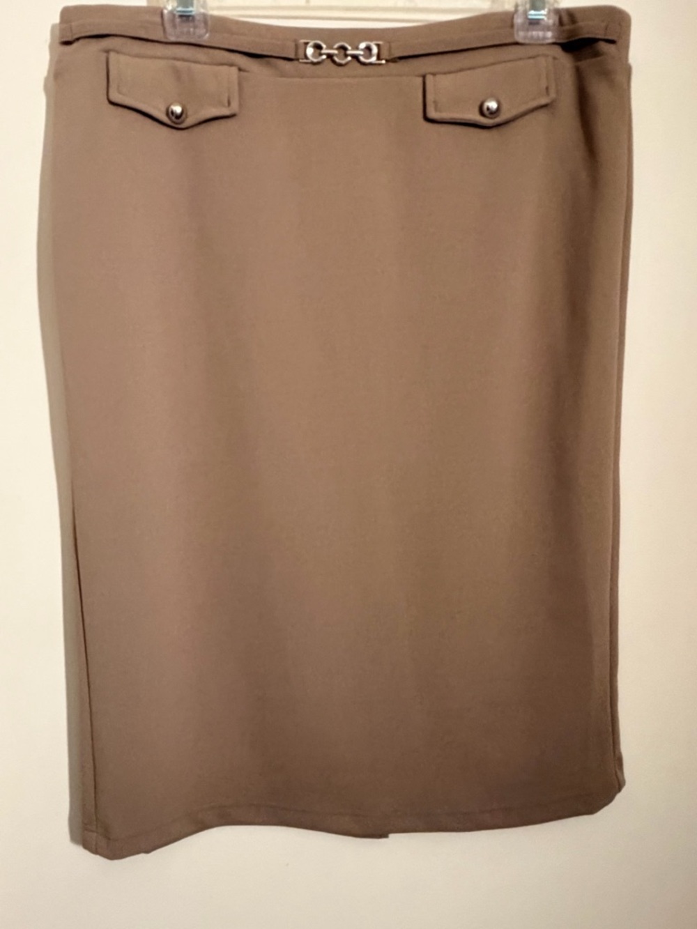 Soho Apparel Taupe Pencil Skirt with Chain Accent and Flap Pockets